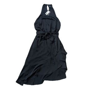 Express Halter Style Black Silken Belted Halter Asymmetrical Dress Medium NWT